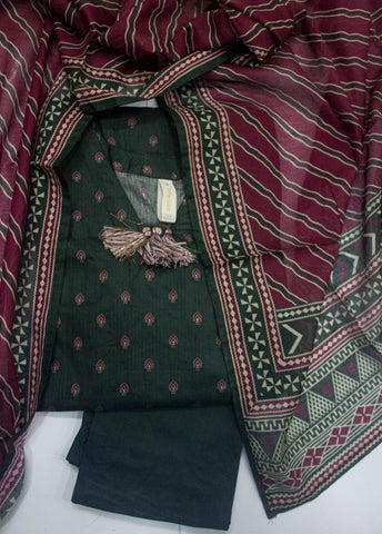 3 Piece Printed Stitched Bottle Green Color Lawn Shirt with Trouser & Dupatta