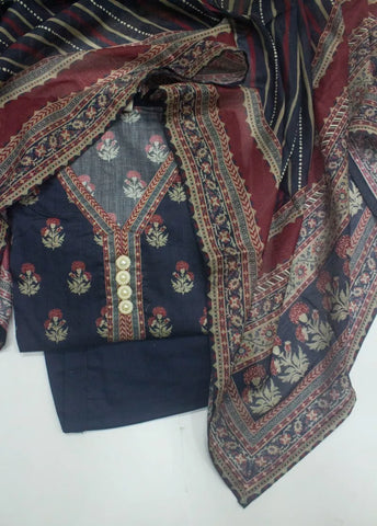 3 Piece Printed Stitched Navy Blue Color Lawn Shirt with Trouser & Dupatta