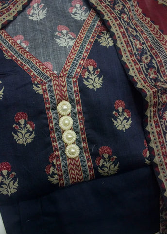3 Piece Printed Stitched Navy Blue Color Lawn Shirt with Trouser & Dupatta