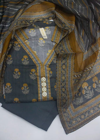 3 Piece Printed Stitched Charcoal Black Color Lawn Shirt with Trouser & Dupatta