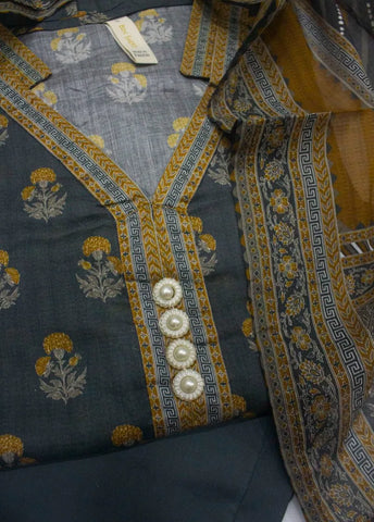 3 Piece Printed Stitched Charcoal Black Color Lawn Shirt with Trouser & Dupatta