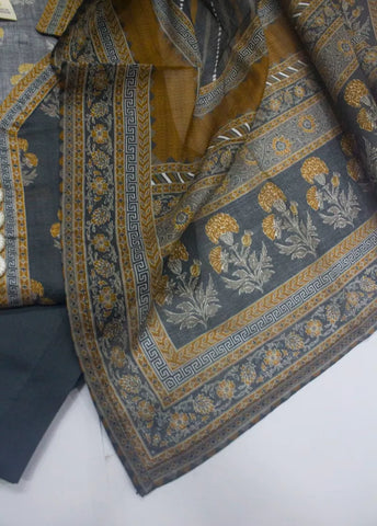 3 Piece Printed Stitched Charcoal Black Color Lawn Shirt with Trouser & Dupatta