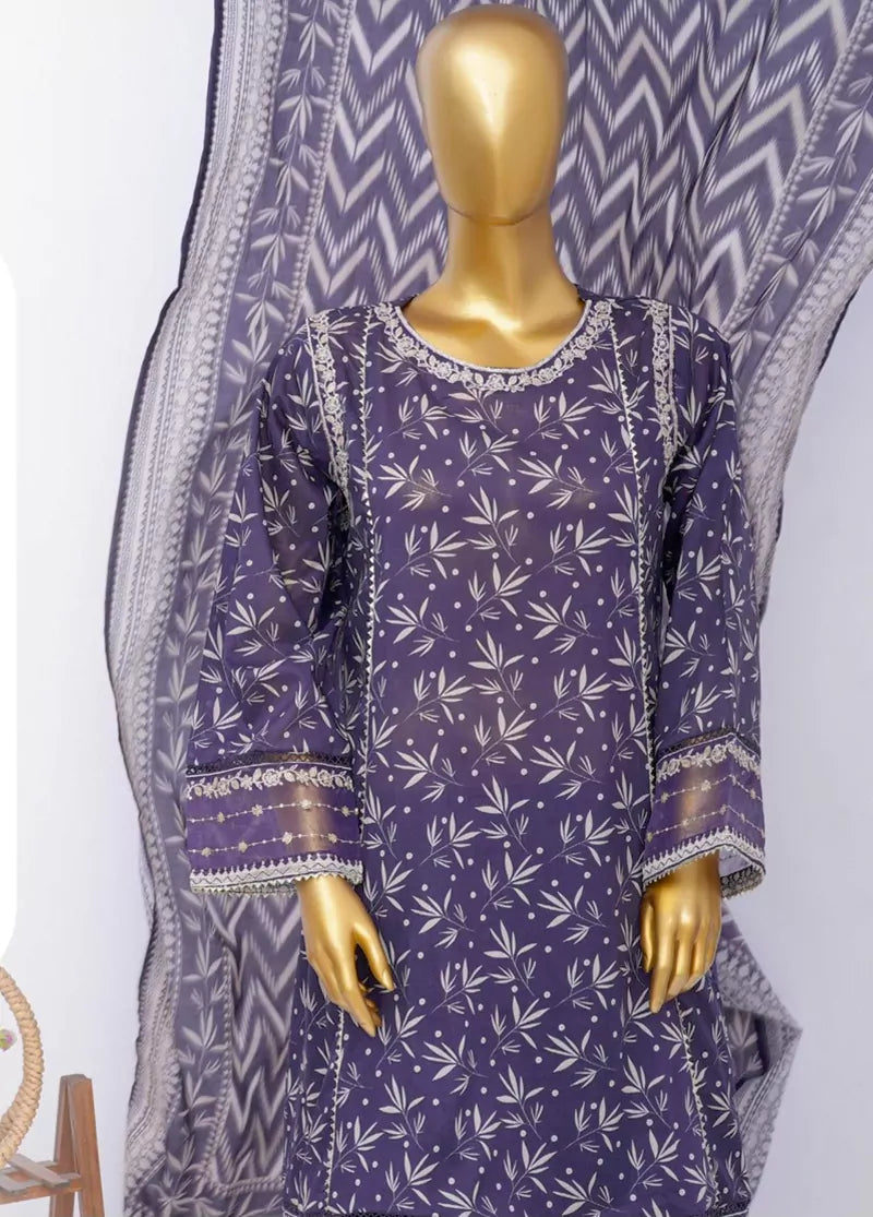 3 Piece Embroidred Stitched Purple Color Cotton Frock with Plazzo & Dupatta