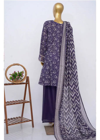 3 Piece Embroidred Stitched Purple Color Cotton Frock with Plazzo & Dupatta