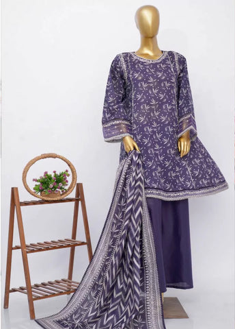 3 Piece Embroidred Stitched Purple Color Cotton Frock with Plazzo & Dupatta