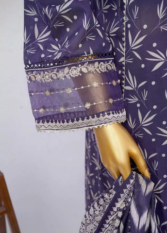3 Piece Embroidred Stitched Purple Color Cotton Frock with Plazzo & Dupatta