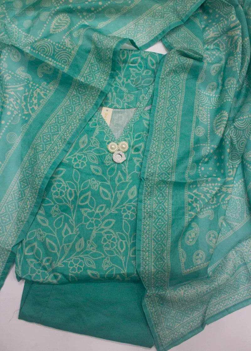 3 Piece Printed Stitched Turquoise Color Lawn Shirt with Trouser & Dupatta