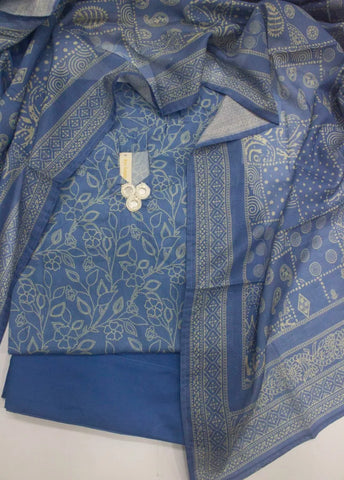 3 Piece Printed Stitched Space Blue Color Lawn Shirt with Farshi Shalwar & Dupatta