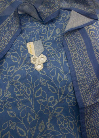 3 Piece Printed Stitched Space Blue Color Lawn Shirt with Farshi Shalwar & Dupatta