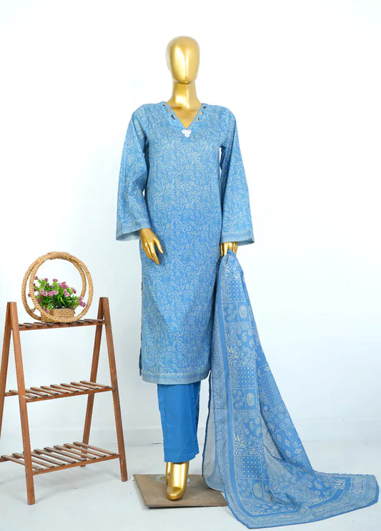 3 Piece Printed Stitched Blue Color Lawn Shirt with Trouser & Dupatta