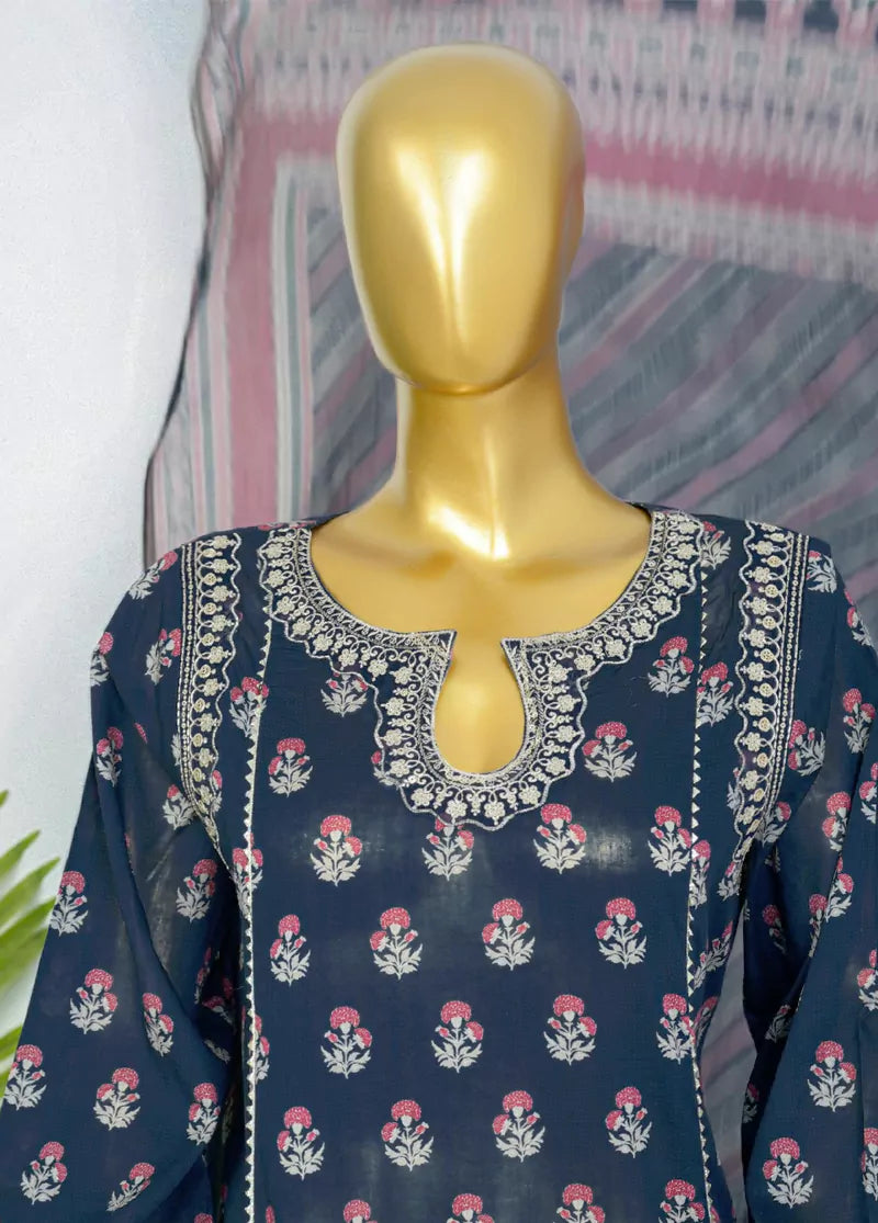 3 Piece Embroidred Stitched Navy Blue Color Cotton Frock with Plazzo & Dupatta