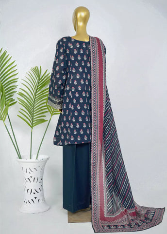 3 Piece Embroidred Stitched Navy Blue Color Cotton Frock with Plazzo & Dupatta