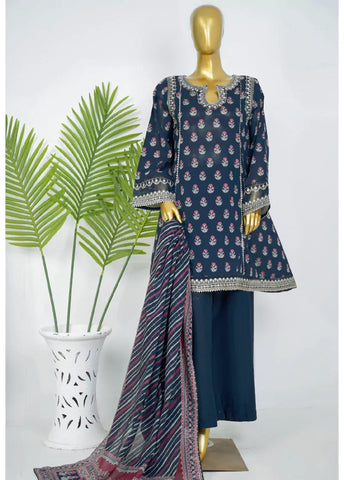 3 Piece Embroidred Stitched Navy Blue Color Cotton Frock with Plazzo & Dupatta