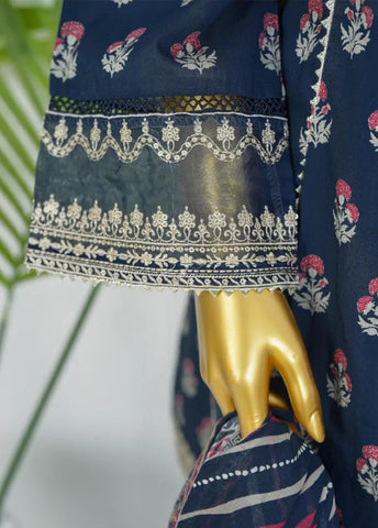 3 Piece Embroidred Stitched Navy Blue Color Cotton Frock with Plazzo & Dupatta