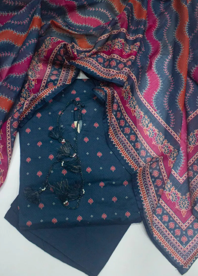 3 Piece Printed Stitched Blue Color Lawn Shirt with Trouser & Dupatta