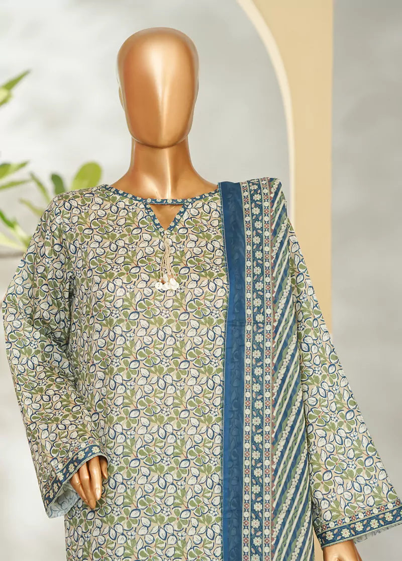 3 Piece Printed Green Color Lawn Shirt with Trouser & Dupatta