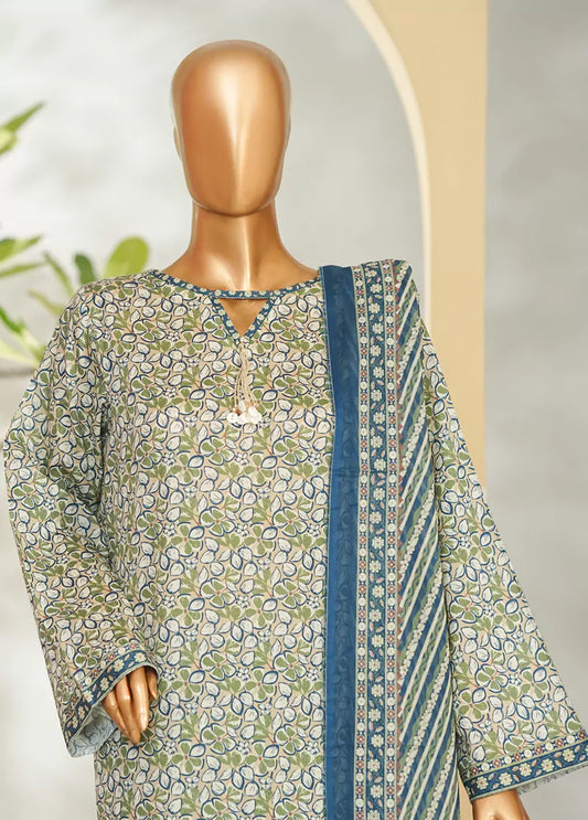 3 Piece Printed Green Color Lawn Shirt with Trouser & Dupatta
