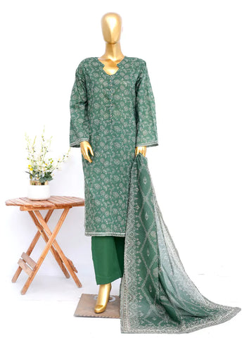 3 Piece Printed Stitched Bottle Green Color Lawn Shirt with Trouser & Dupatta
