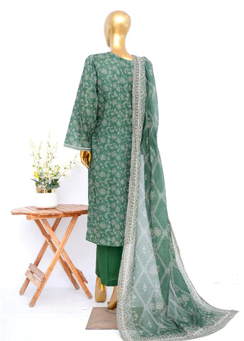 3 Piece Printed Stitched Bottle Green Color Lawn Shirt with Trouser & Dupatta