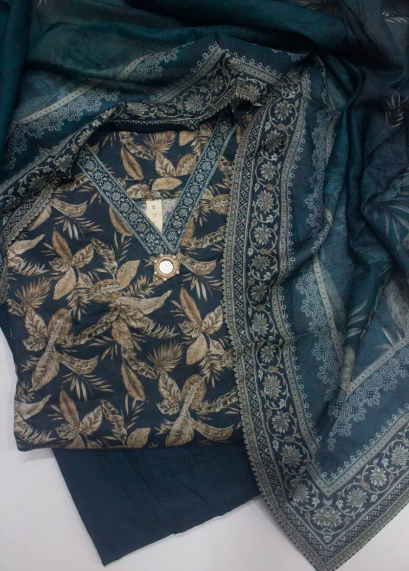 3 Piece Printed Stitched Bottle Green Color Lawn Shirt with Farshi Shalwar & Dupatta