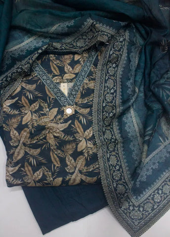 3 Piece Printed Stitched Bottle Green Color Lawn Shirt with Farshi Shalwar & Dupatta
