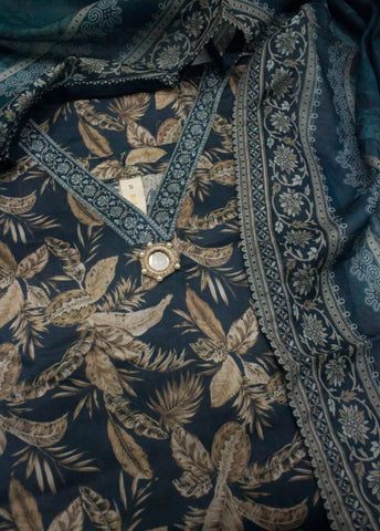 3 Piece Printed Stitched Bottle Green Color Lawn Shirt with Farshi Shalwar & Dupatta