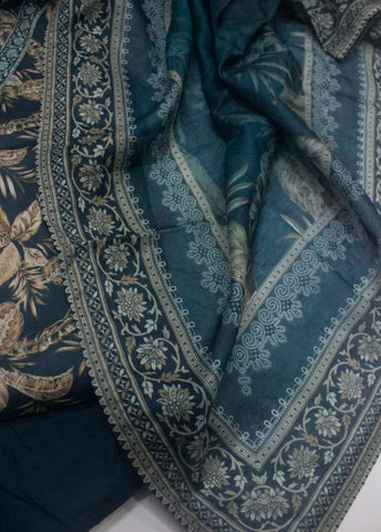 3 Piece Printed Stitched Bottle Green Color Lawn Shirt with Farshi Shalwar & Dupatta