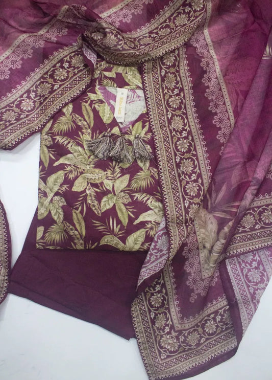 3 Piece Printed Stitched Margenta Color Lawn Shirt with Trouser & Dupatta