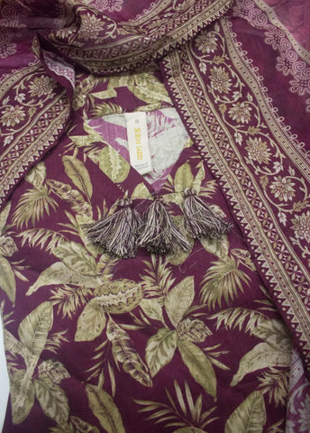 3 Piece Printed Stitched Margenta Color Lawn Shirt with Trouser & Dupatta