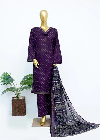 3 Piece Printed Stitched Purple Color Lawn Shirt with Trouser & Dupatta
