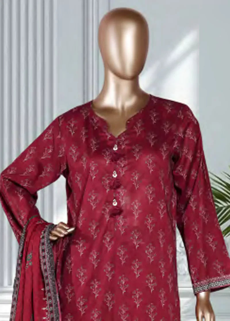 3 Piece Printed Maroon Color Lawn Shirt with Trouser & Dupatta