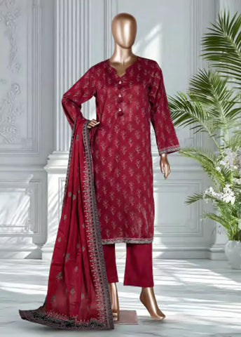3 Piece Printed Maroon Color Lawn Shirt with Trouser & Dupatta