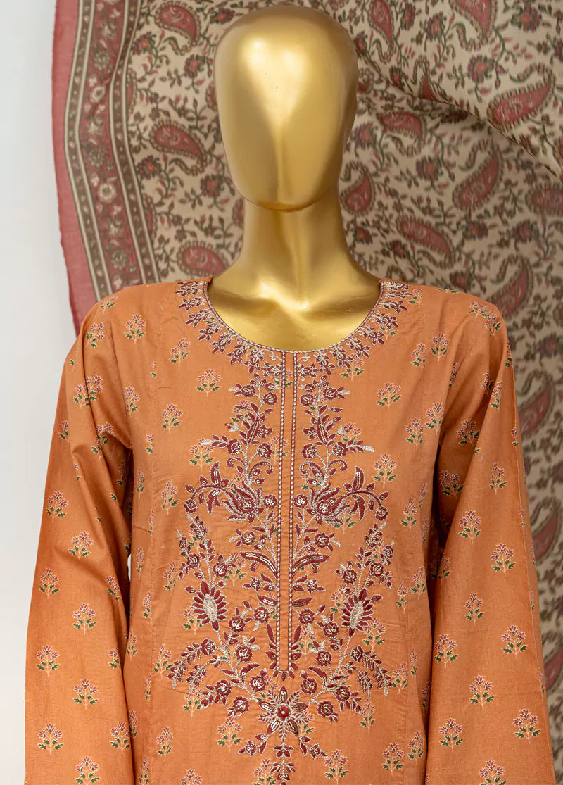 3 Piece Embroidred Stitched Peonny Peach Color Lawn Suit with Trouser & Dupatta