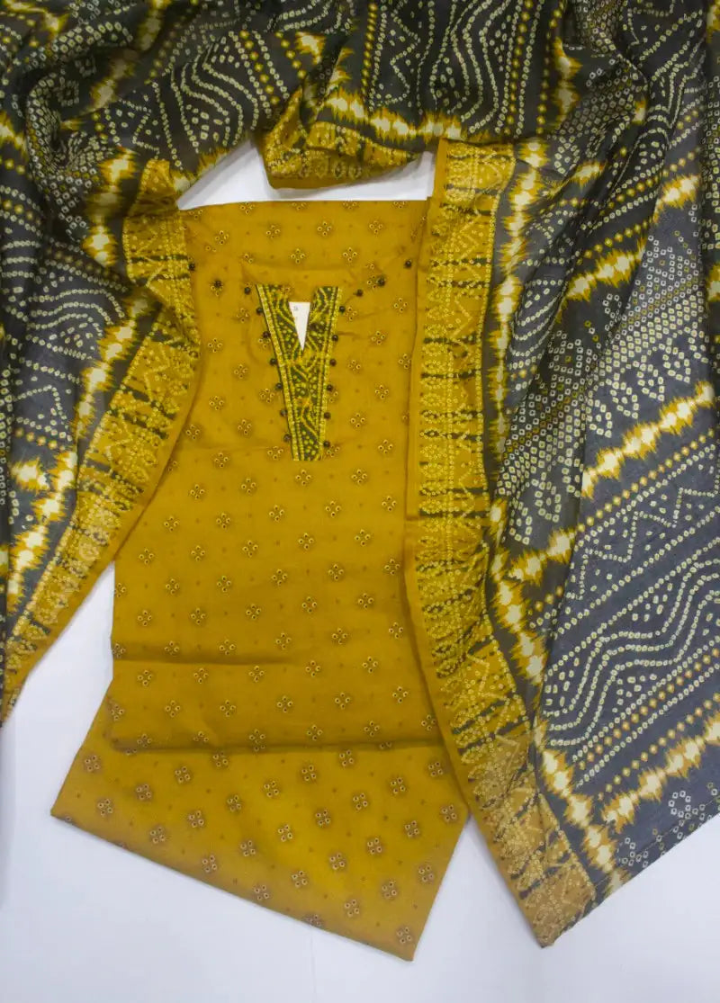 3 Piece Printed Stitched Mustard Color Lawn Shirt with Trouser & Dupatta