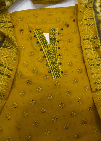 3 Piece Printed Stitched Mustard Color Lawn Shirt with Trouser & Dupatta