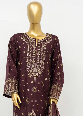 3 Piece Embroidred Stitched Plum Color Lawn Suit with Trouser & Dupatta