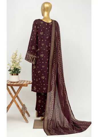 3 Piece Embroidred Stitched Plum Color Lawn Suit with Trouser & Dupatta