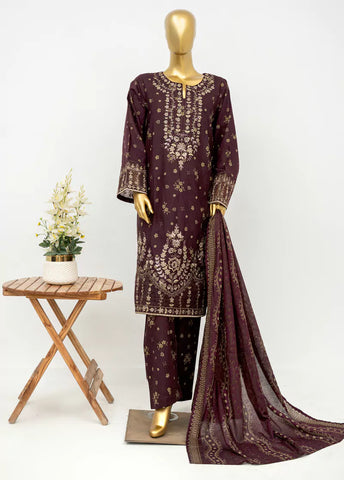 3 Piece Embroidred Stitched Plum Color Lawn Suit with Trouser & Dupatta