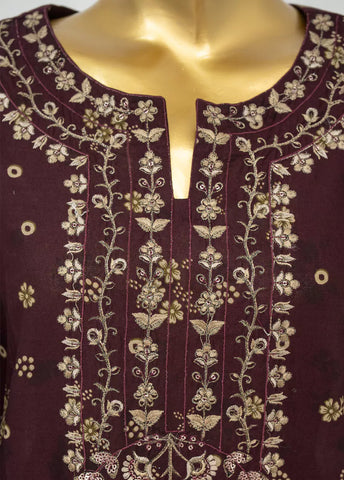 3 Piece Embroidred Stitched Plum Color Lawn Suit with Trouser & Dupatta