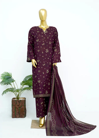 3 Piece Printed Stitched Plum Color Lawn Shirt with Trouser & Dupatta