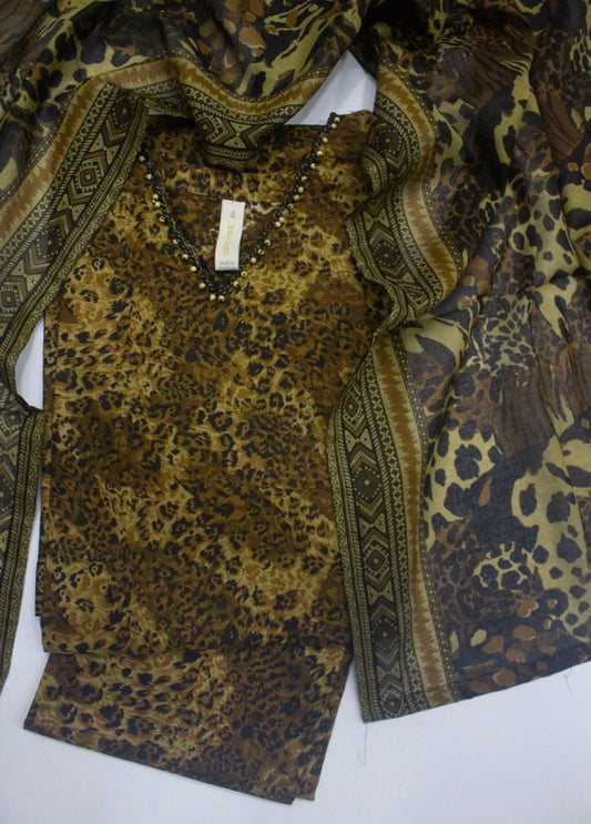 3 Piece Printed Stitched Brown Color Lawn Shirt with Trouser & Dupatta