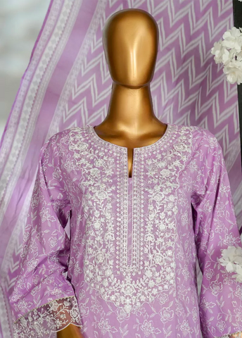 3 Piece Embroidred Stitched Lilac Color Cotton Suit with Trouser & Dupatta