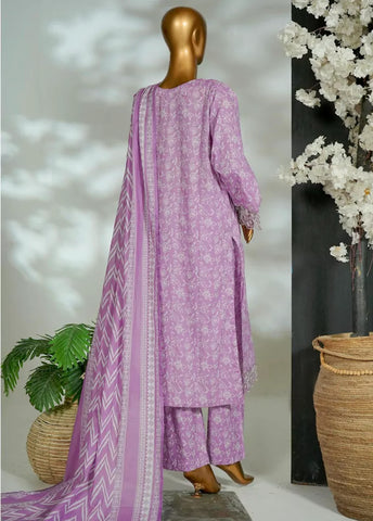 3 Piece Embroidred Stitched Lilac Color Cotton Suit with Trouser & Dupatta
