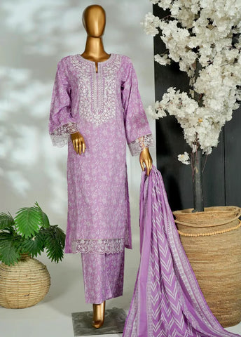 3 Piece Embroidred Stitched Lilac Color Cotton Suit with Trouser & Dupatta