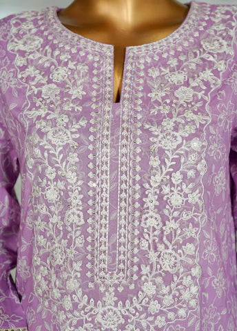 3 Piece Embroidred Stitched Lilac Color Cotton Suit with Trouser & Dupatta