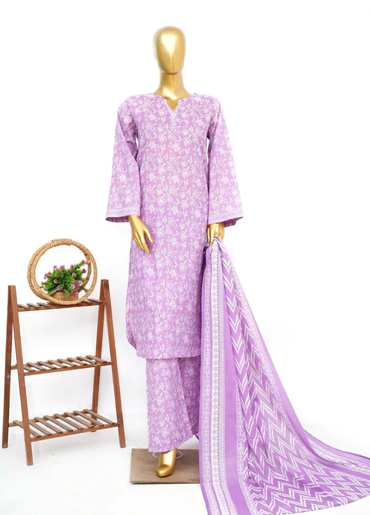 3 Piece Printed Stitched Lilac Color Lawn Shirt with Trouser & Dupatta