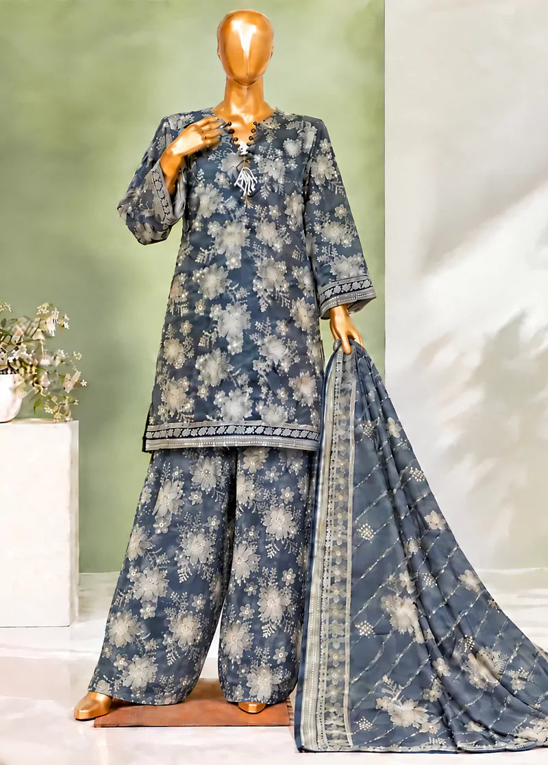 3 Piece Printed Stitched Blue Color Lawn Shirt with Farshi Trouser & Dupatta