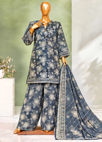 3 Piece Printed Stitched Blue Color Lawn Shirt with Farshi Trouser & Dupatta