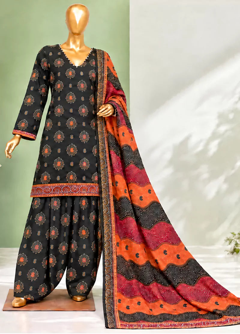 3 Piece Printed Stitched Black Color Lawn Shirt with Farshi Trouser & Dupatta