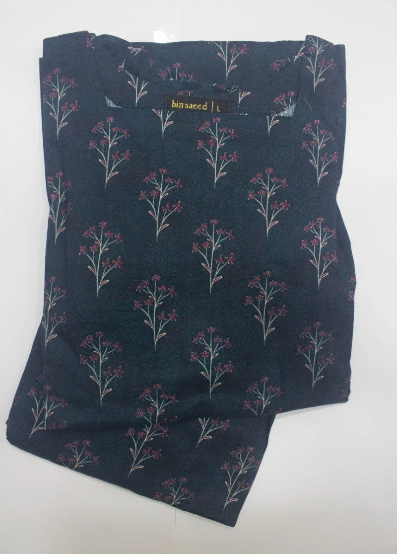 2 Piece Printed Stitched Navy Blue Color Lawn Shirt and Farshi Trouser